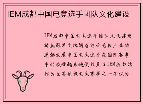 IEM成都中国电竞选手团队文化建设
