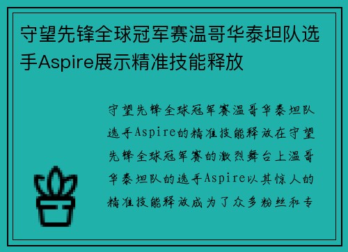 守望先锋全球冠军赛温哥华泰坦队选手Aspire展示精准技能释放