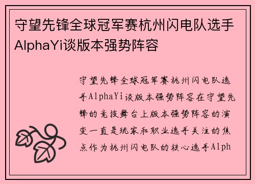 守望先锋全球冠军赛杭州闪电队选手AlphaYi谈版本强势阵容